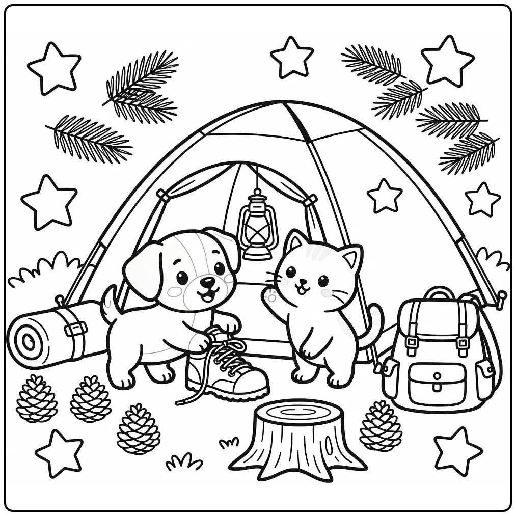 Puppy and kitten coloring pages at playful campsite tent