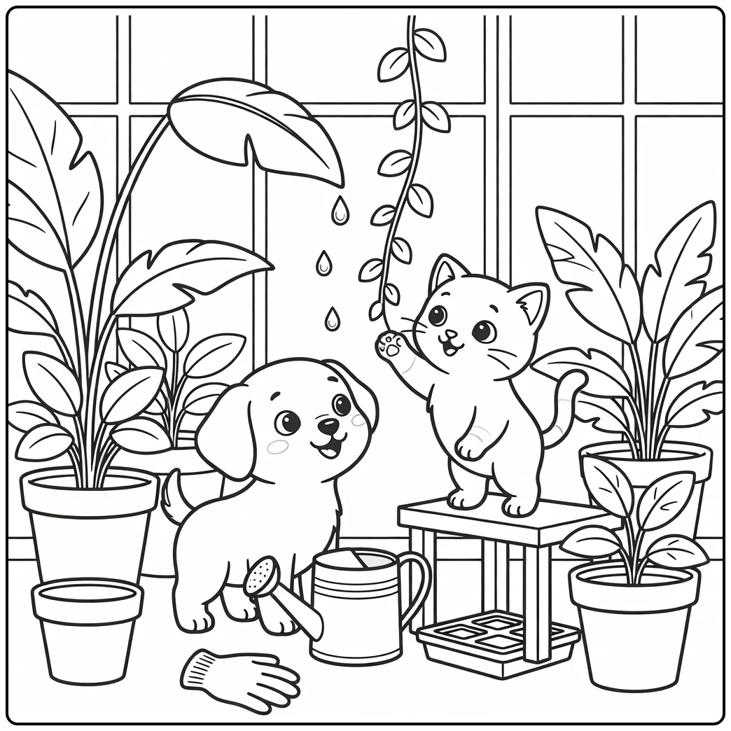 Puppy and kitten coloring pages: playful greenhouse scene