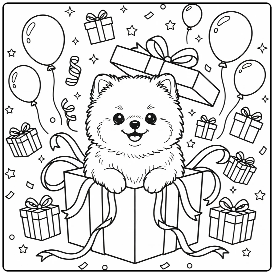 Cute puppy coloring page: Pomeranian peeking from gift box