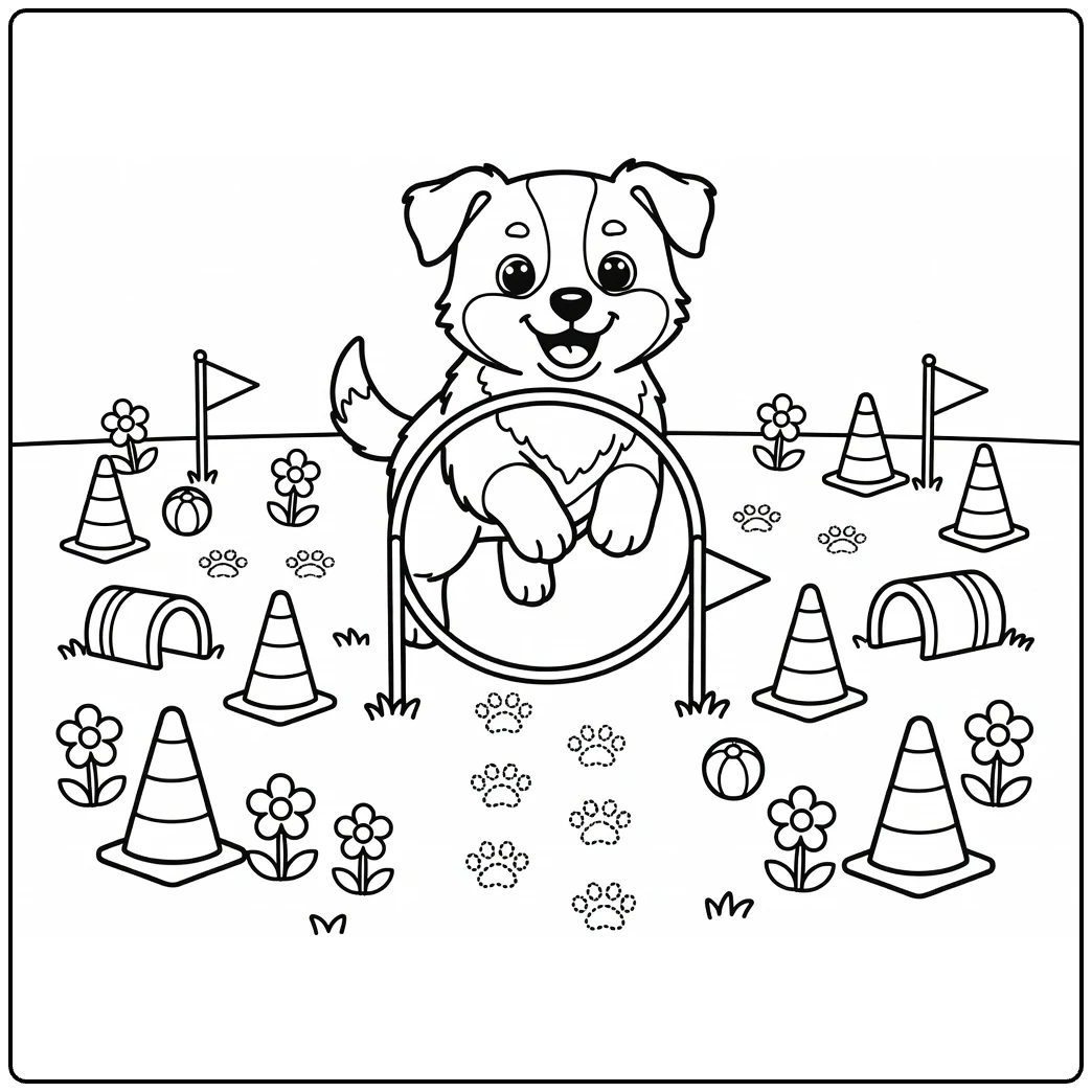 Cute puppy coloring page: Border Collie jumping agility hoop