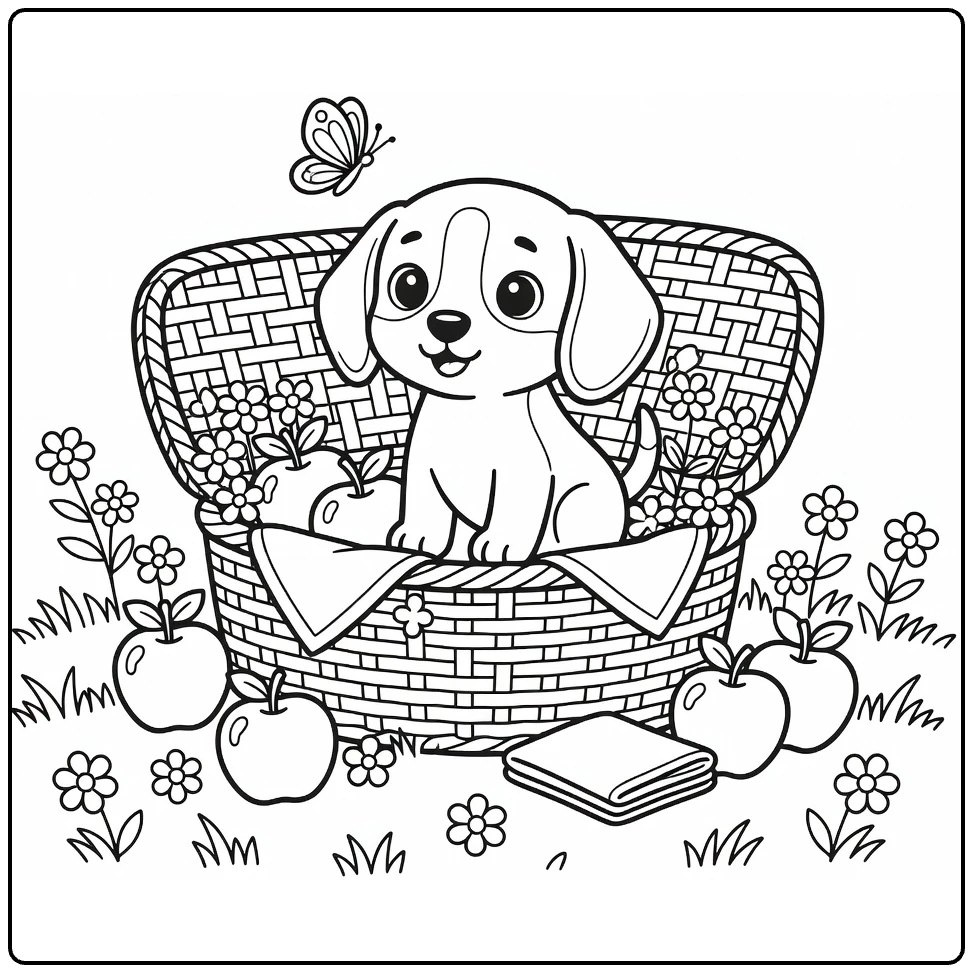 Cute puppy coloring page: tiny Beagle in picnic basket with flowers