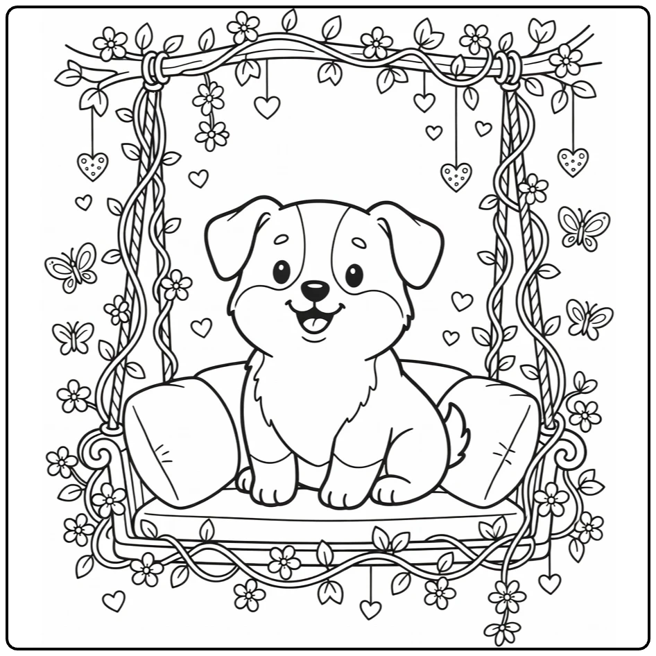 Cute puppy coloring page: cheerful Corgi on swing with vines, hearts