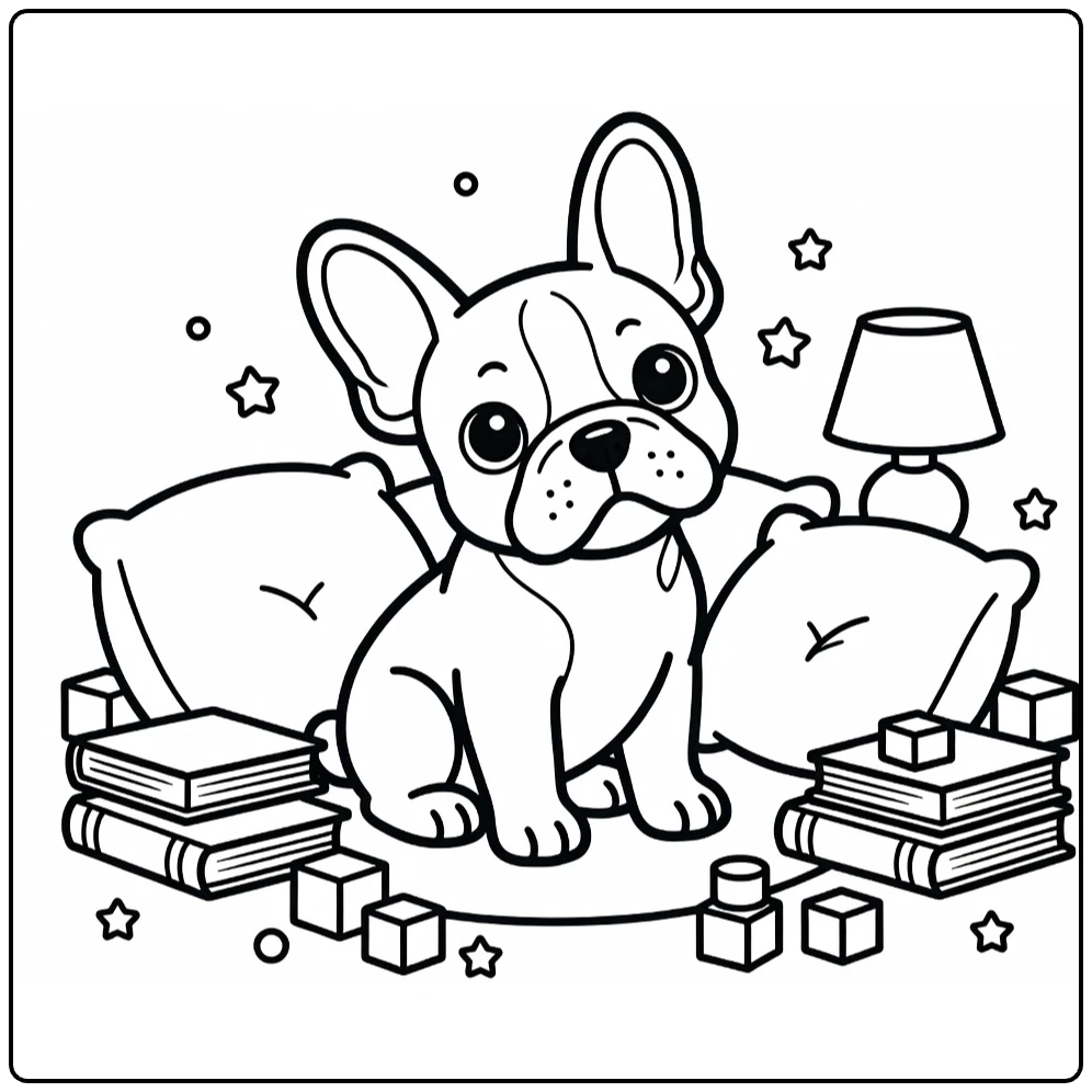 Cute puppy coloring page: French Bulldog in cozy reading nook
