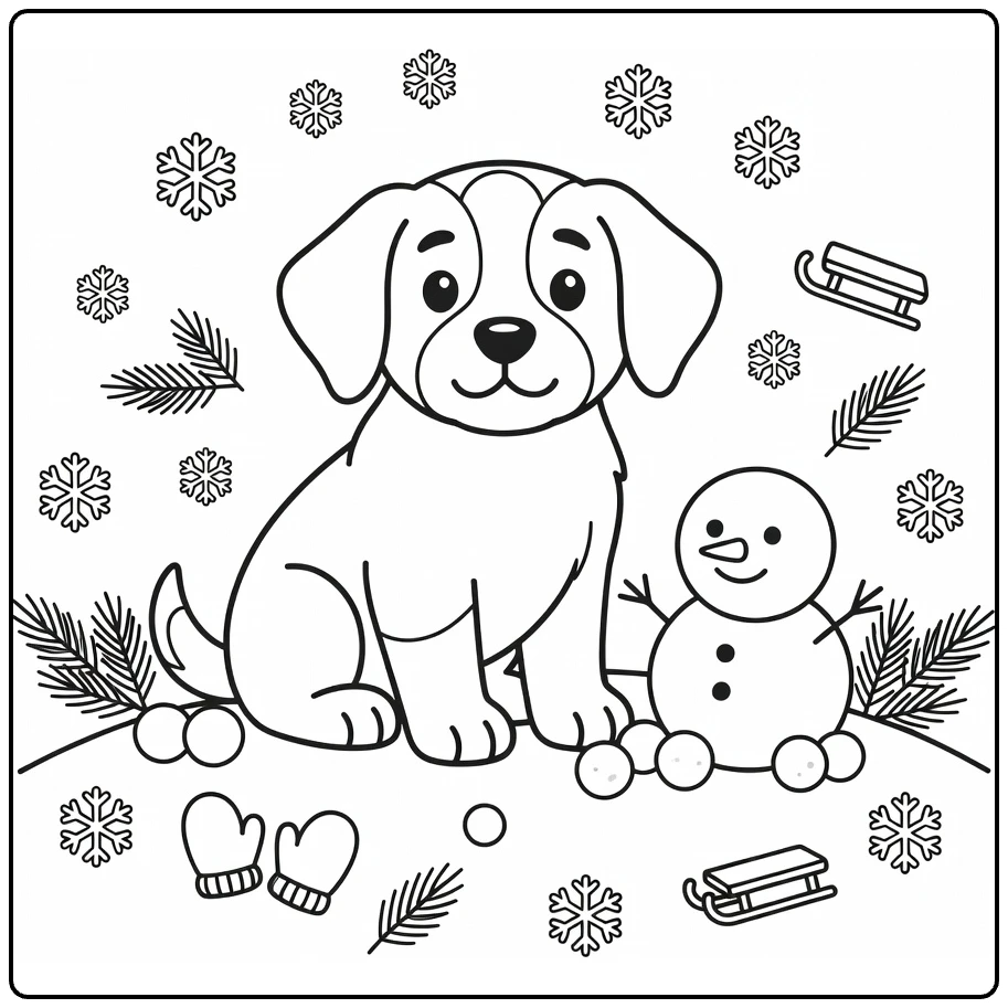 Cute puppy coloring page: Saint Bernard with snowman on hill