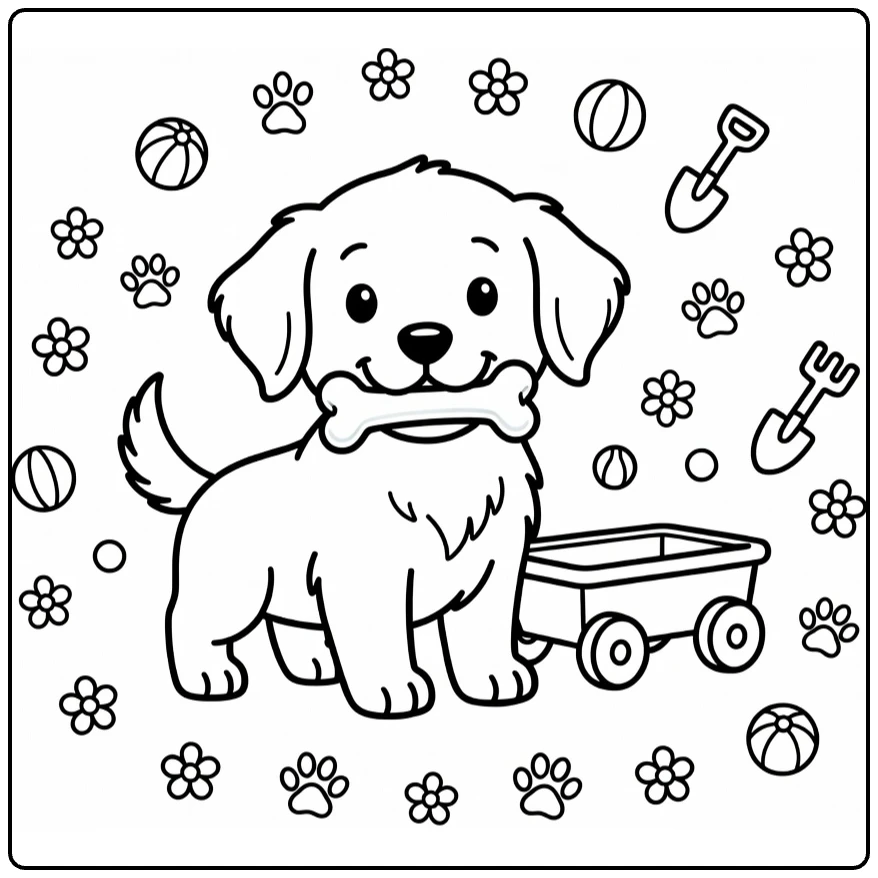 Cute puppy coloring page: Golden Retriever with bone, wagon, toys