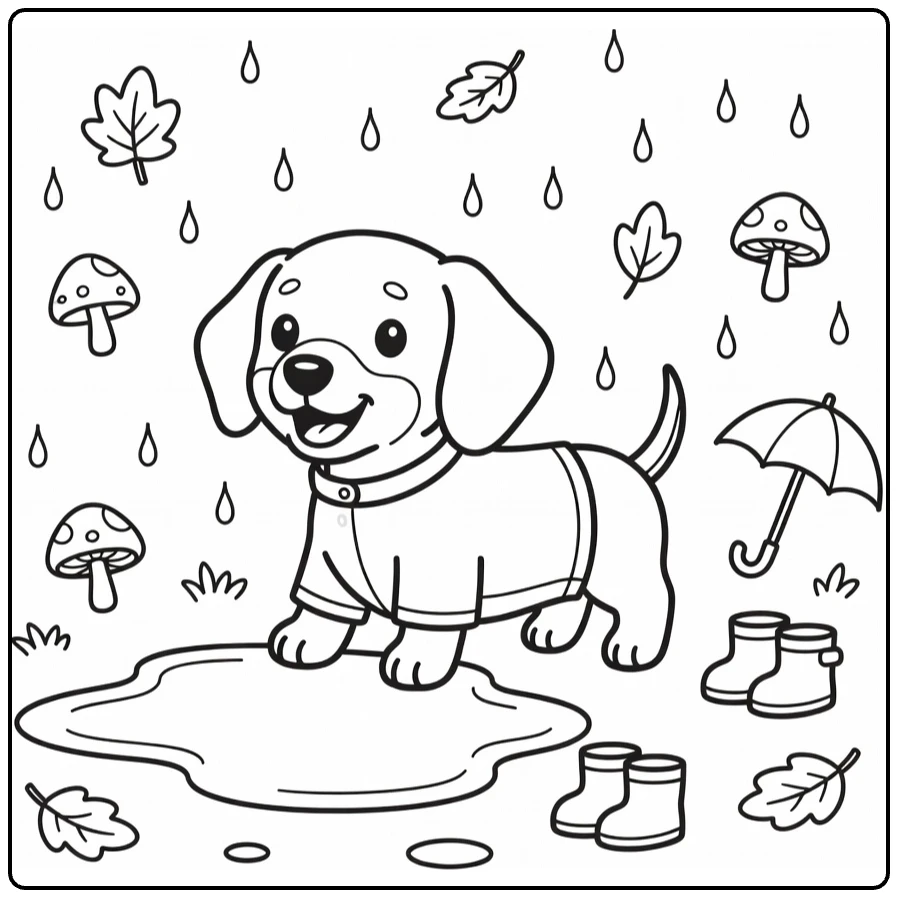 Cute puppy coloring page: Dachshund in raincoat by puddle