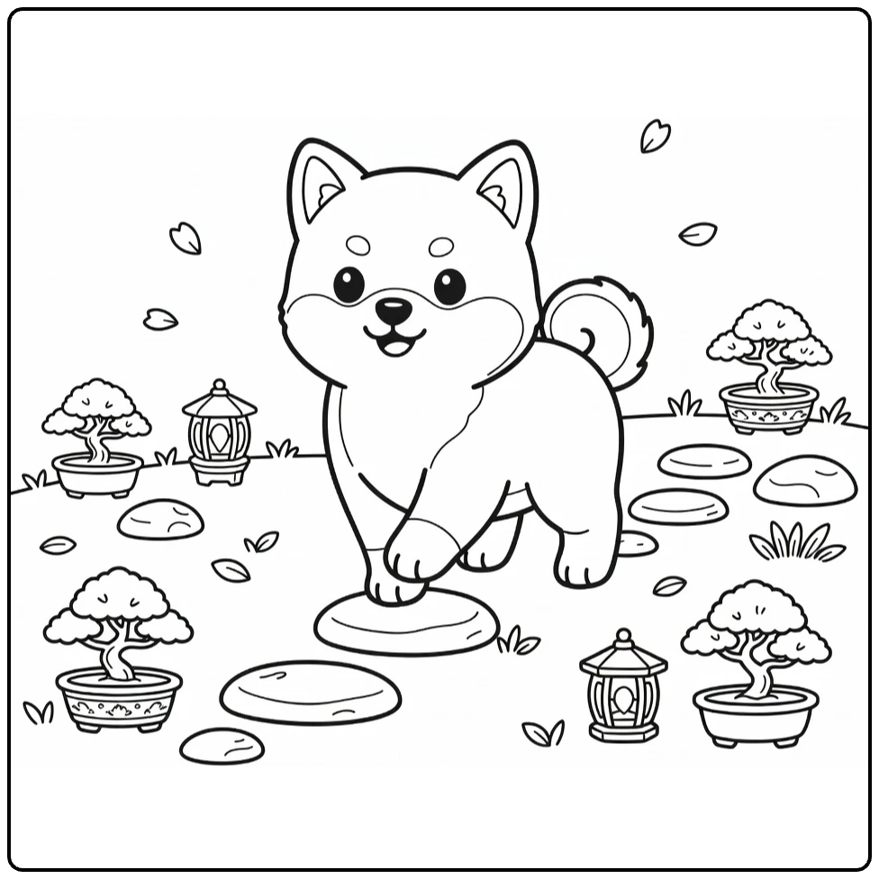 Cute puppy coloring page: Shiba Inu on garden stones