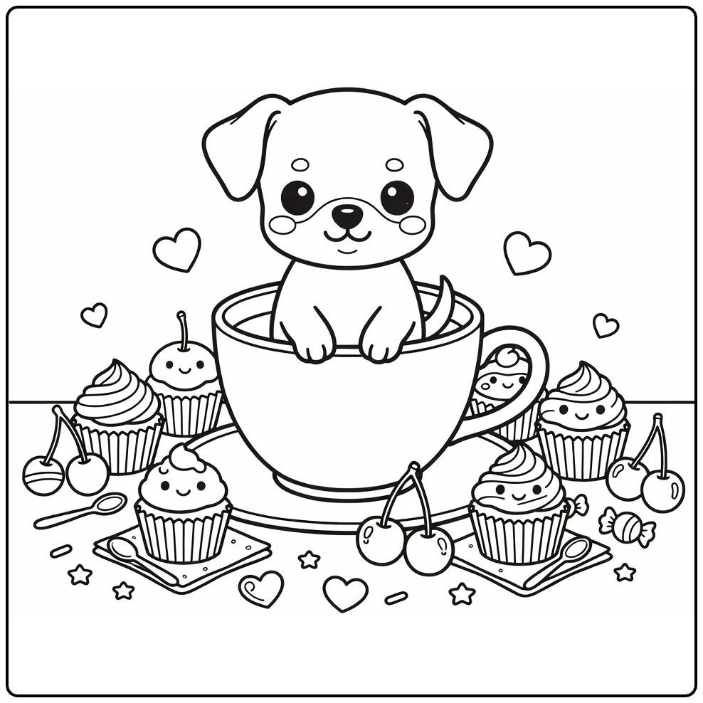 Cute puppy coloring page: Chihuahua in teacup with cupcakes