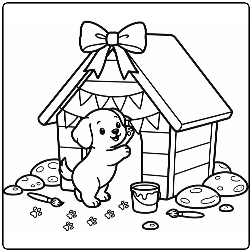 Dog House coloring page: puppy with flags, bow, paint