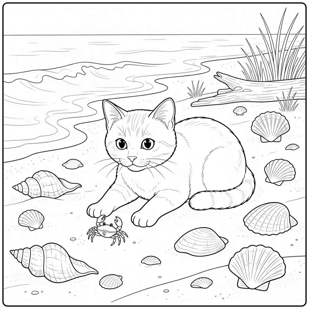 Cute realistic cat coloring pages: cat paws at crab on beach