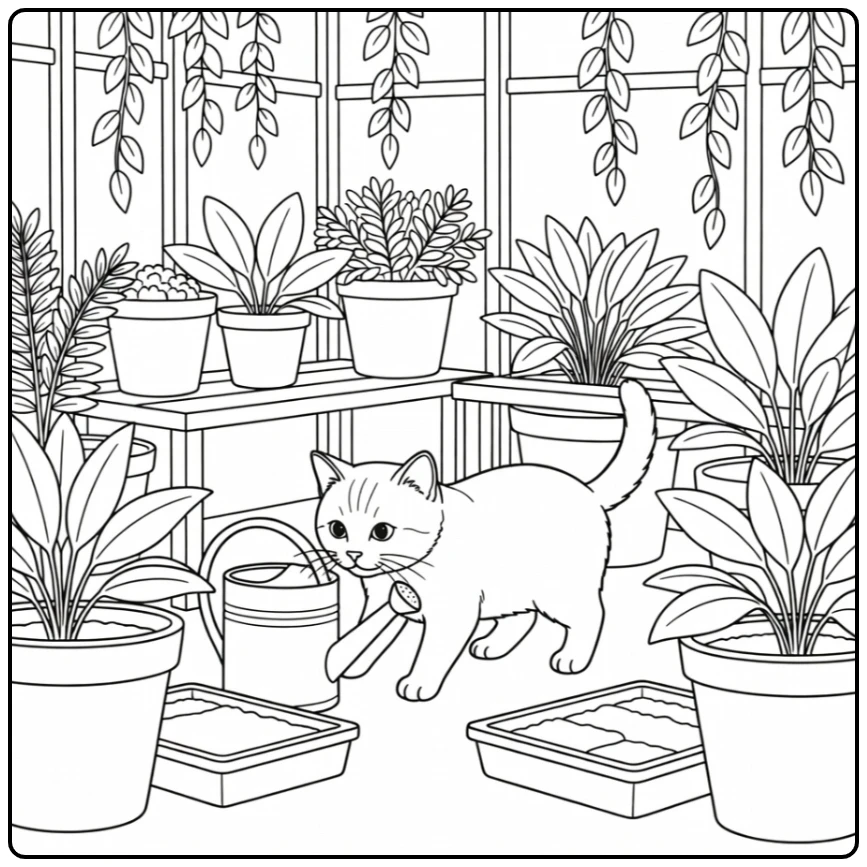 Cute realistic cat coloring pages: sniffing can in greenhouse