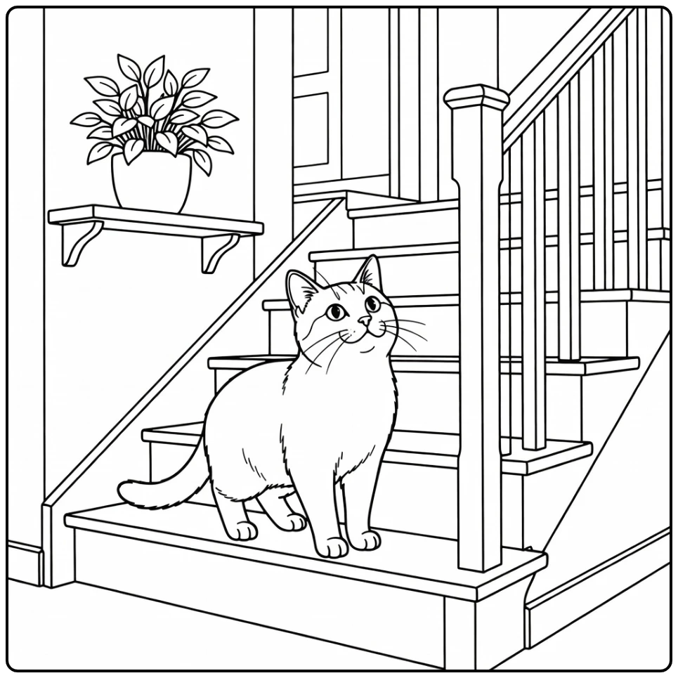 Cute realistic cat coloring pages: cat on stairs looking up curiously