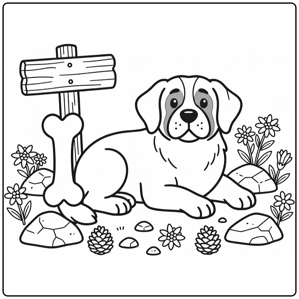 Saint Bernard Dog with bone coloring page in alpine setting