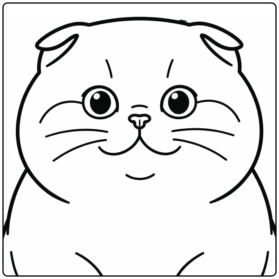 Cat face coloring pages: Round Scottish Fold with folded ears