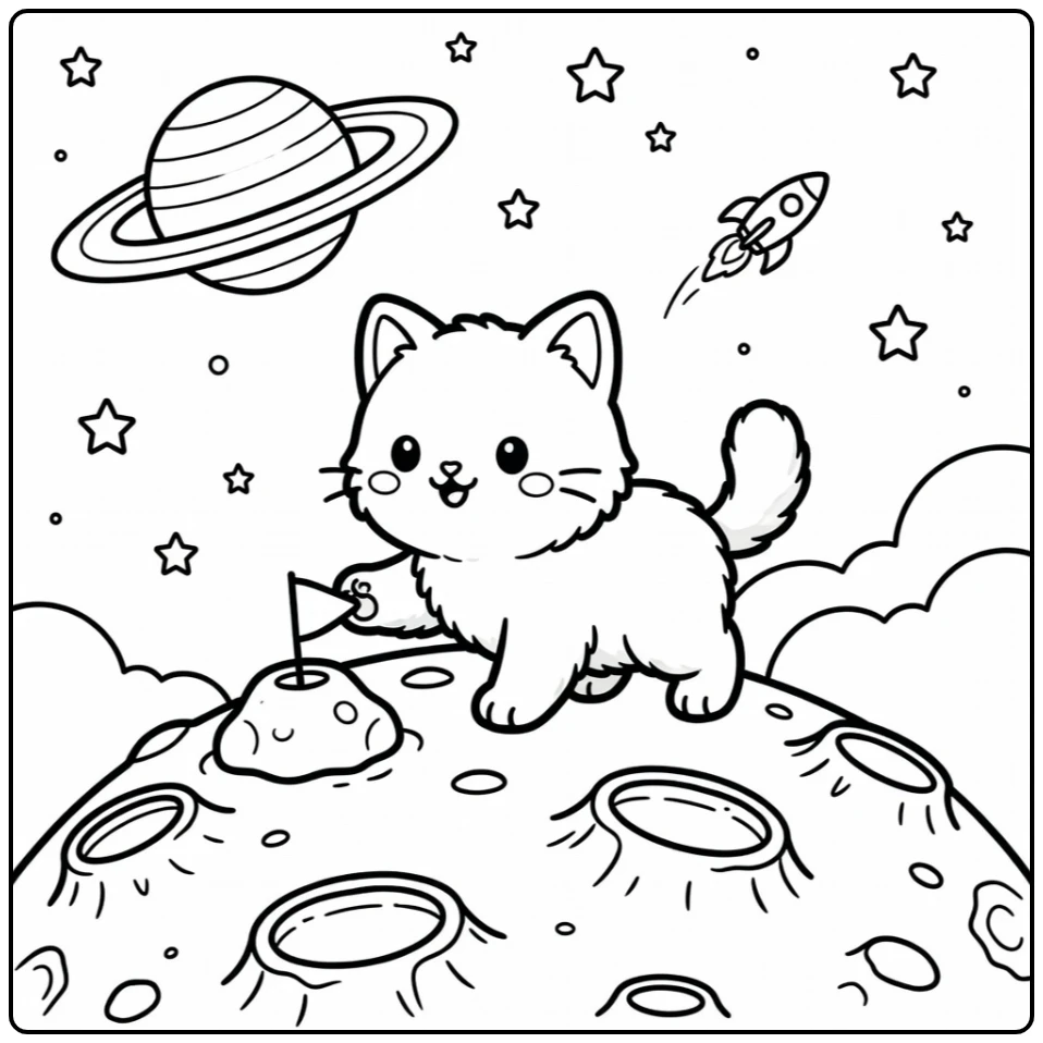 Space cat pawing moon flag by rock, space cat coloring pages