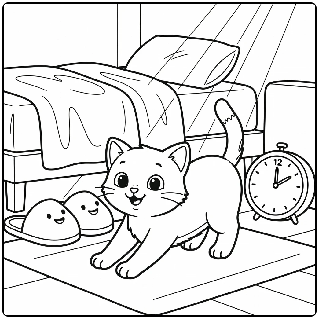 Happy kitten stretching in sunbeam: kitten coloring pages
