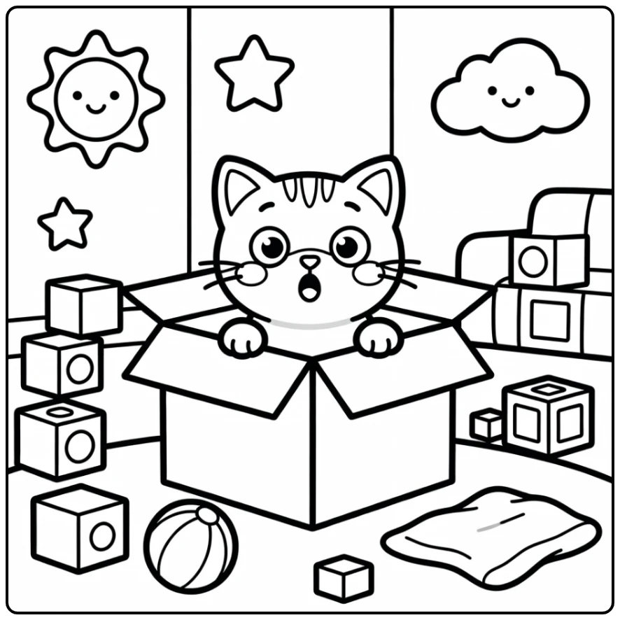 Surprised kitten peeks from box in playroom, kitten coloring pages