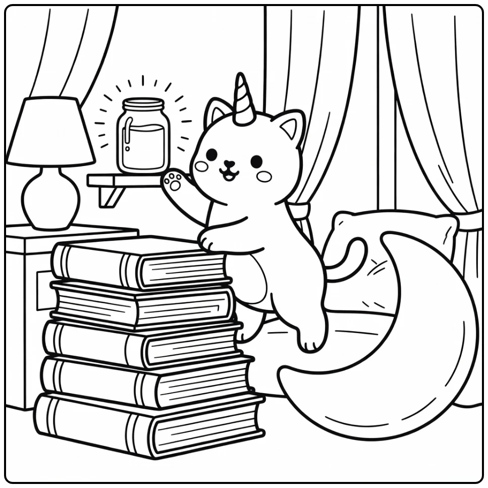 Unicorn cat coloring pages: climbing books to glowing jar
