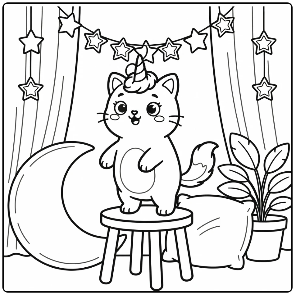 Cute unicorn cat coloring pages: horn tangled in star garland