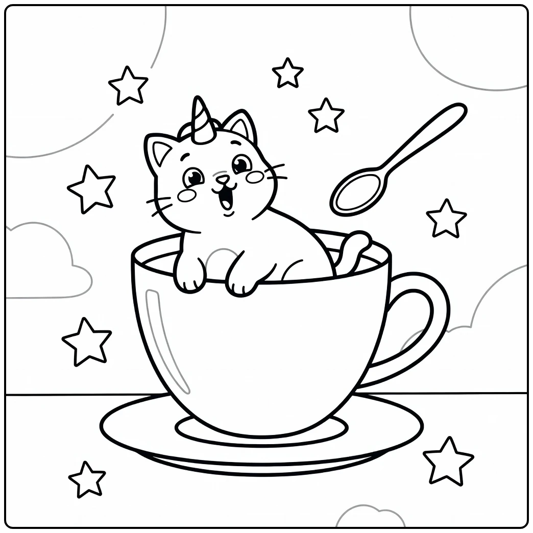 Cute unicorn cat coloring pages: wobbly kitty in giant teacup
