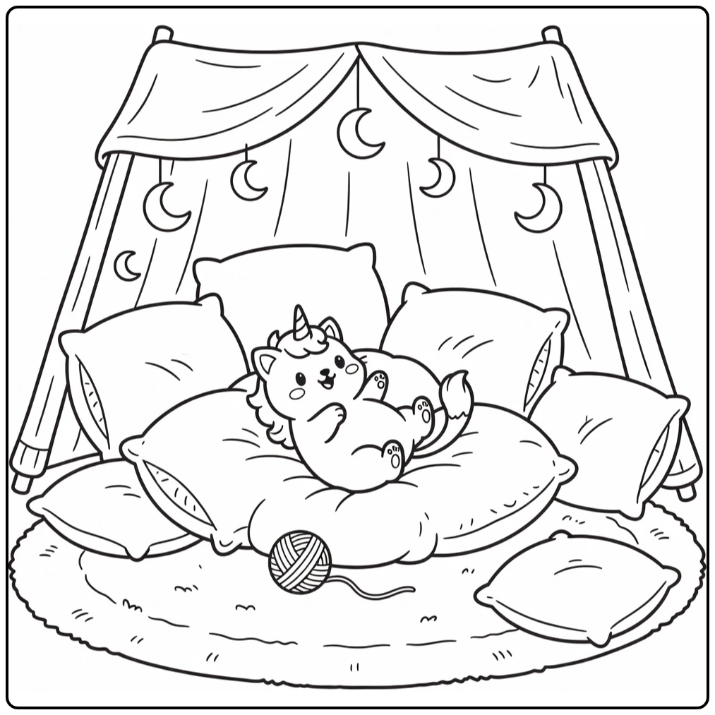 Cute unicorn cat coloring pages: tumbling into pillows