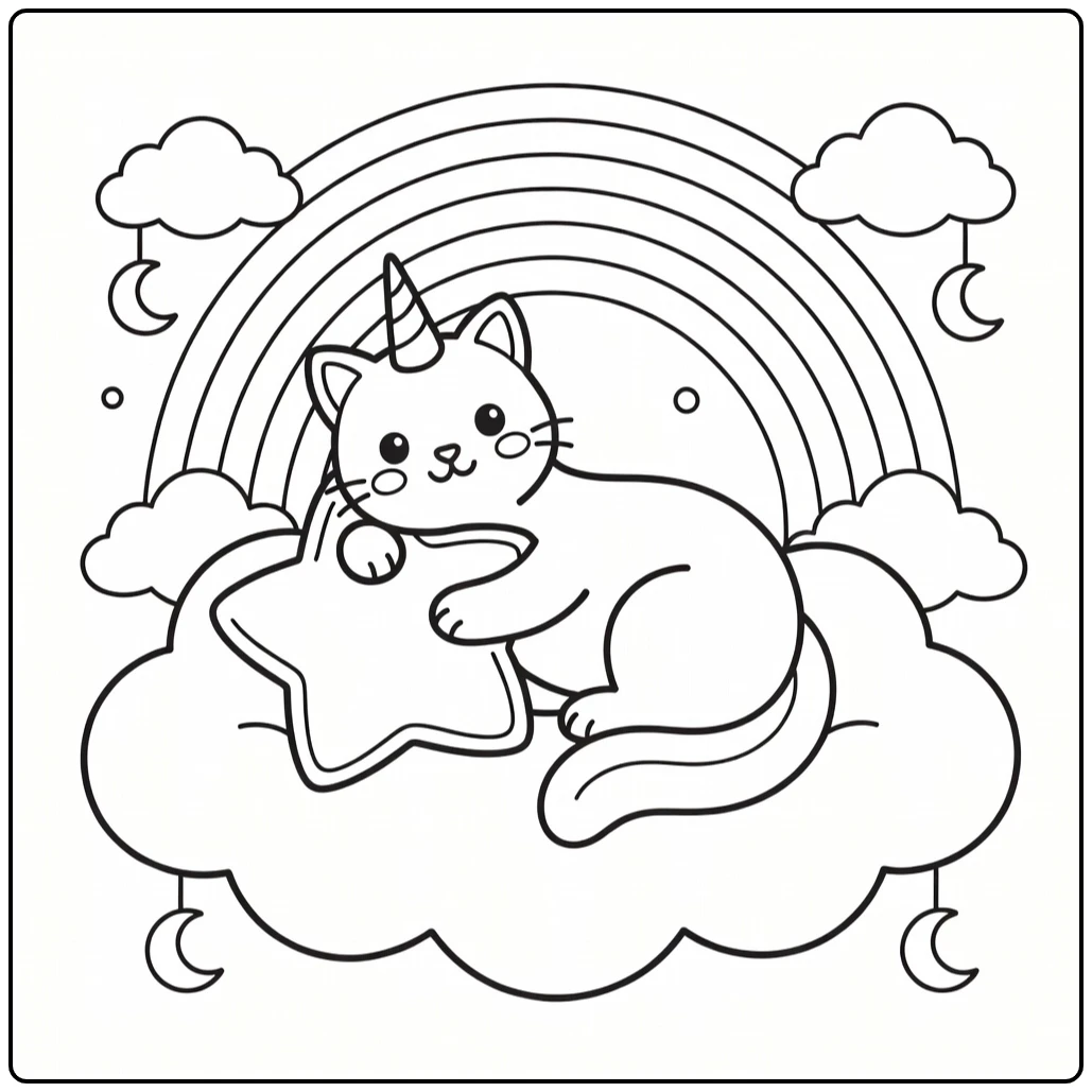 Unicorn cat on cloud hugging star pillow, unicorn cat coloring pages