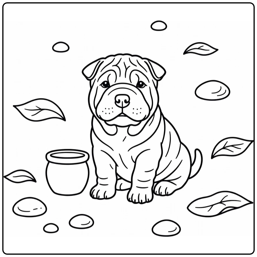 Shar Pei Puppy coloring page with pot, pebbles, lotus