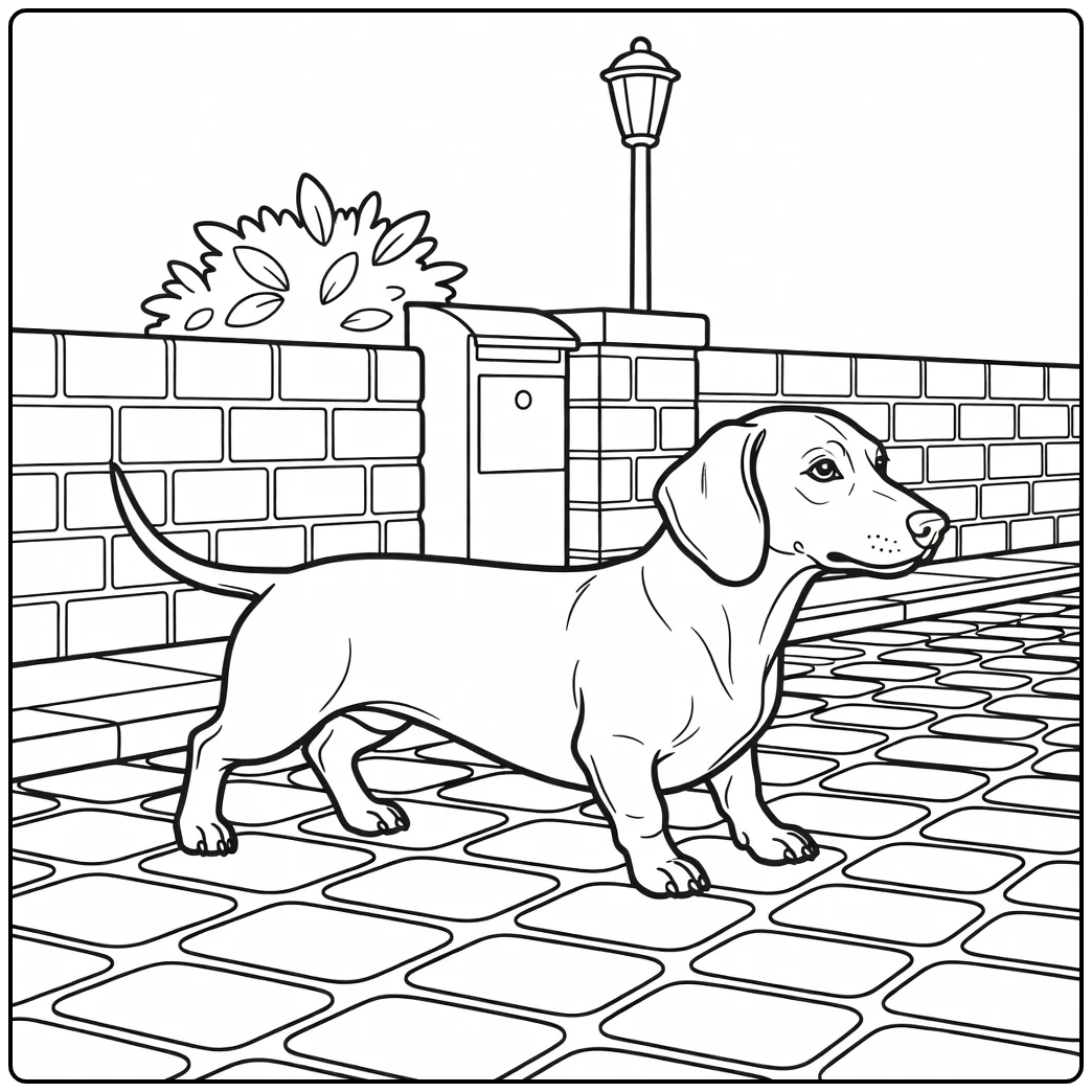A walking Dachshund on a street realistic dog coloring page.