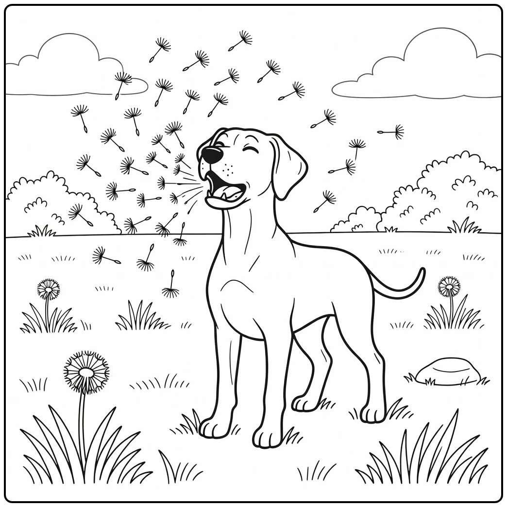 A sneezing dog sends seeds flying on a great dane coloring page.