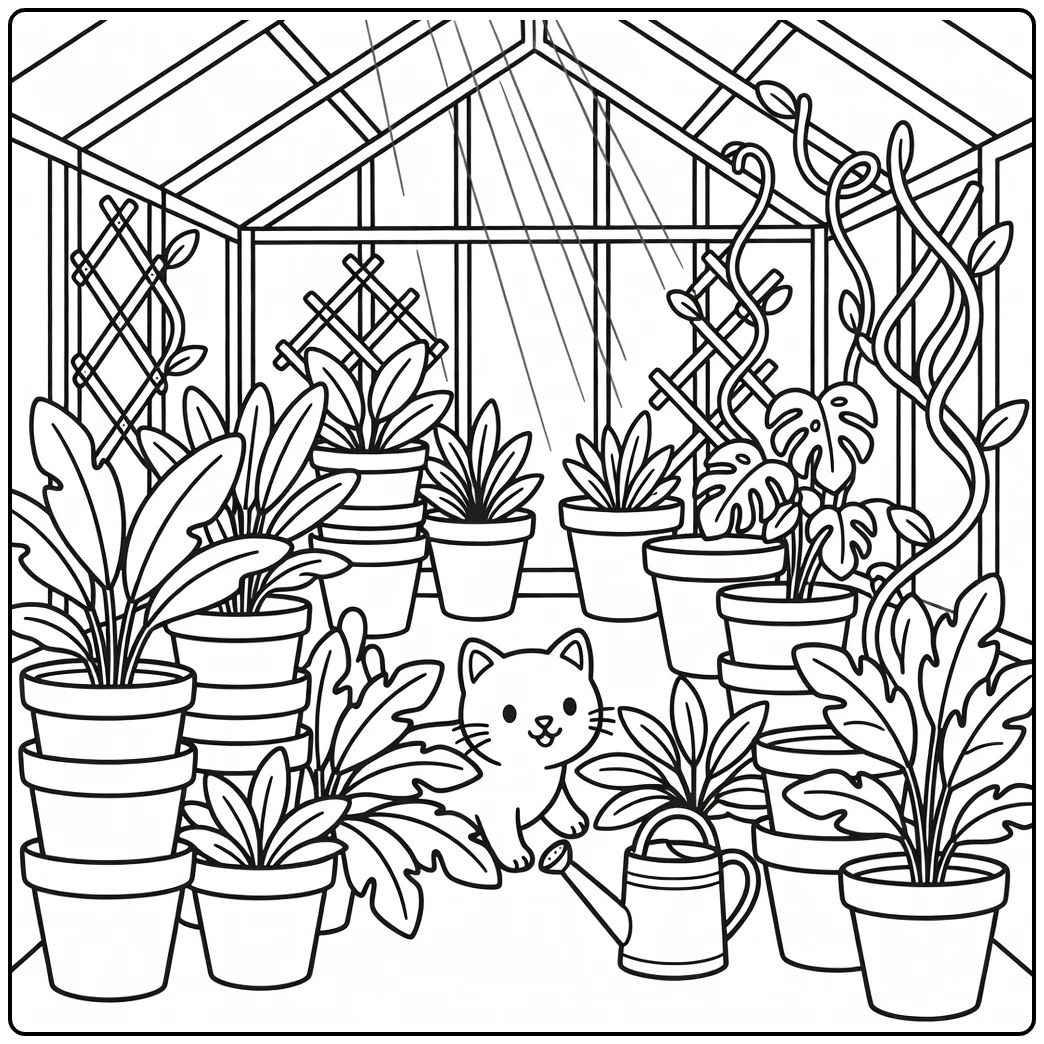 Detailed cat coloring pages: cat in old greenhouse with plants