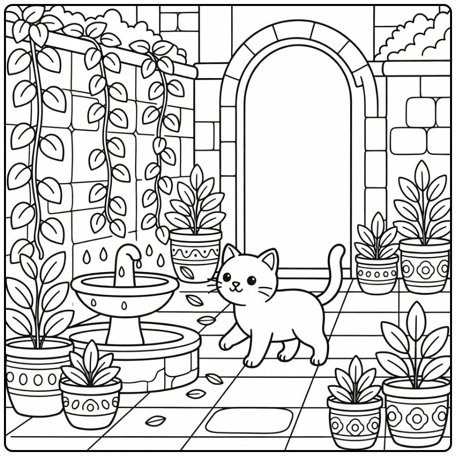 Detailed cat coloring pages: cat by fountain in courtyard