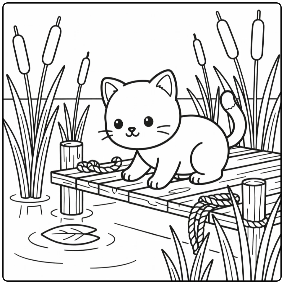 Detailed cat coloring pages: cat on dock eyeing lily leaf