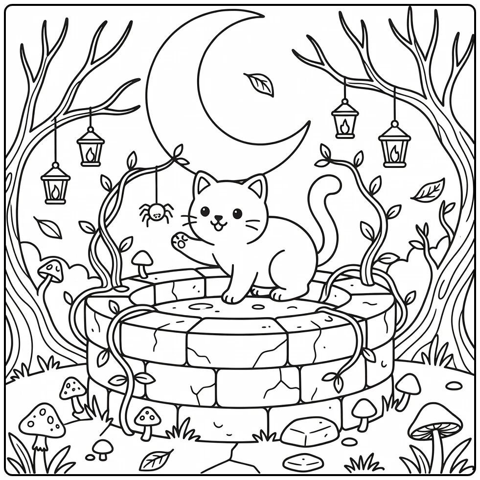 Detailed halloween cat coloring pages: cat bats spider on well