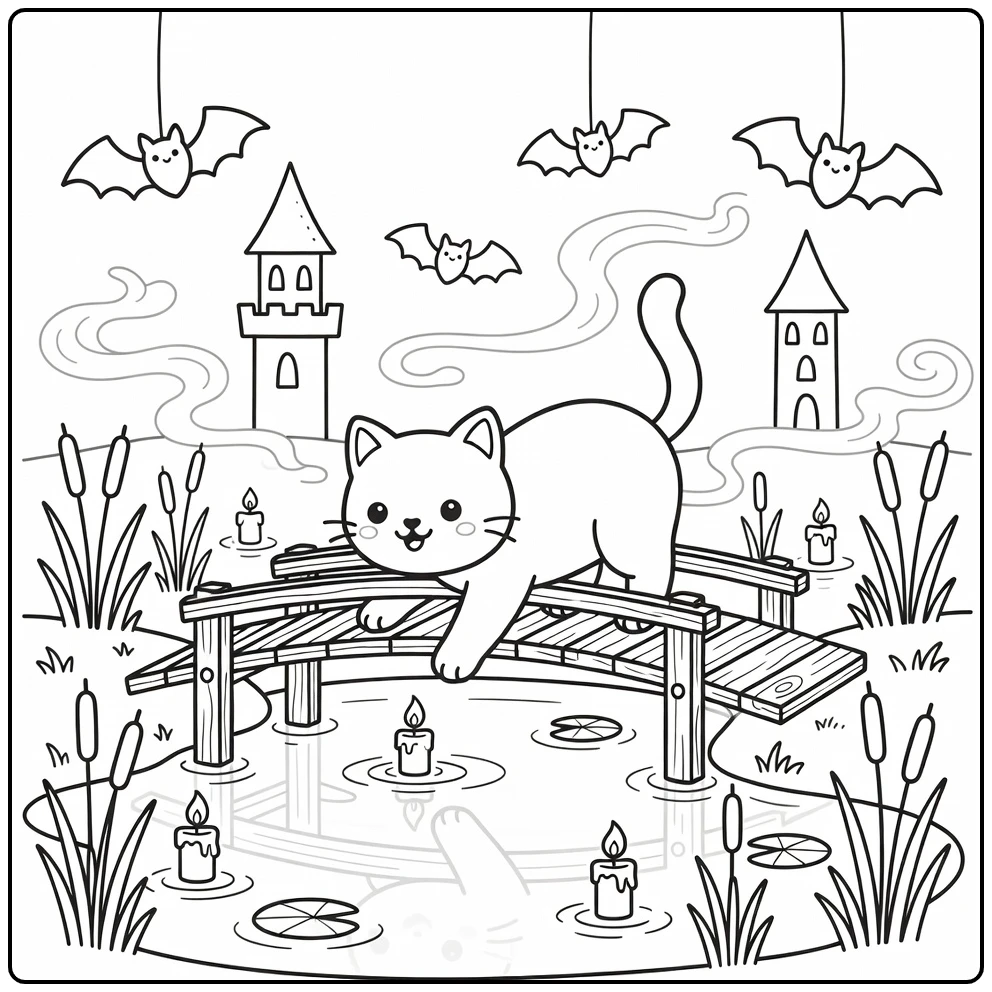 Detailed halloween cat coloring pages: arched cat reaching pond reflection
