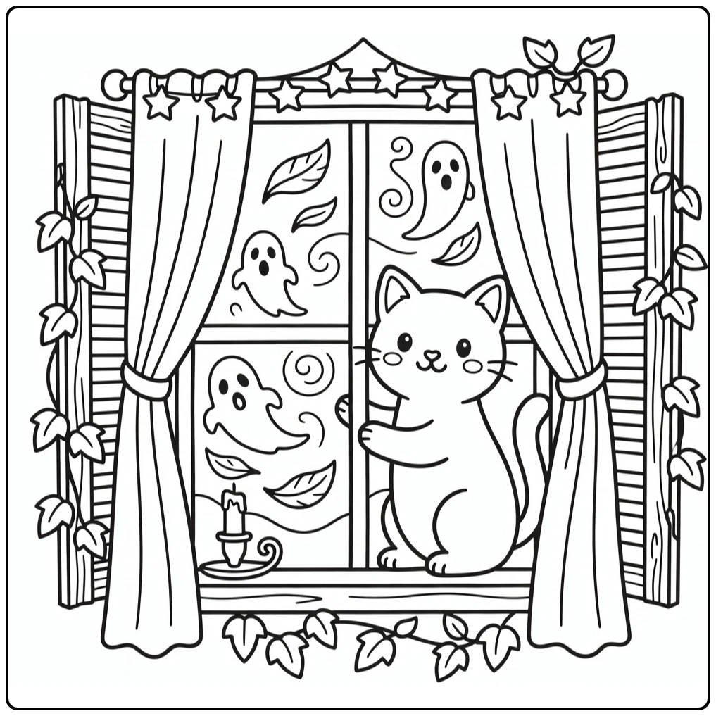 Detailed halloween cat coloring pages: paw on window