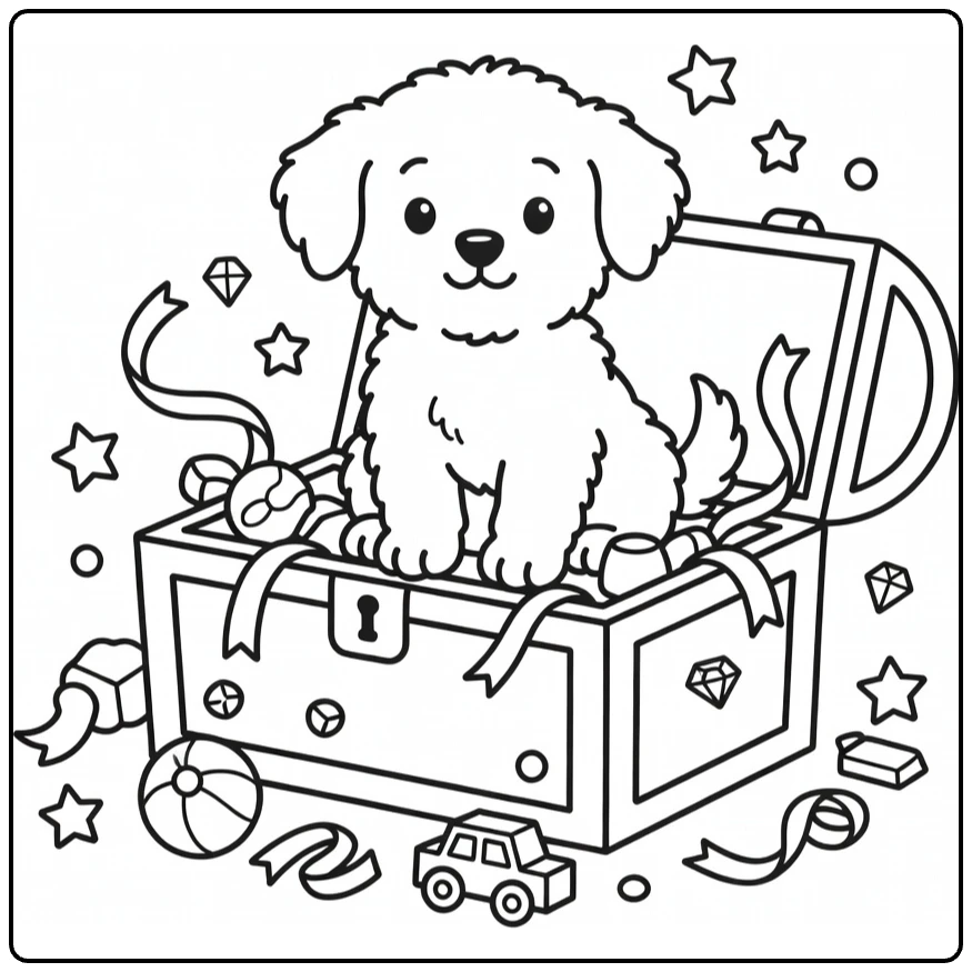 Detailed Puppy Coloring Page: Fluffy pup in treasure chest with toys