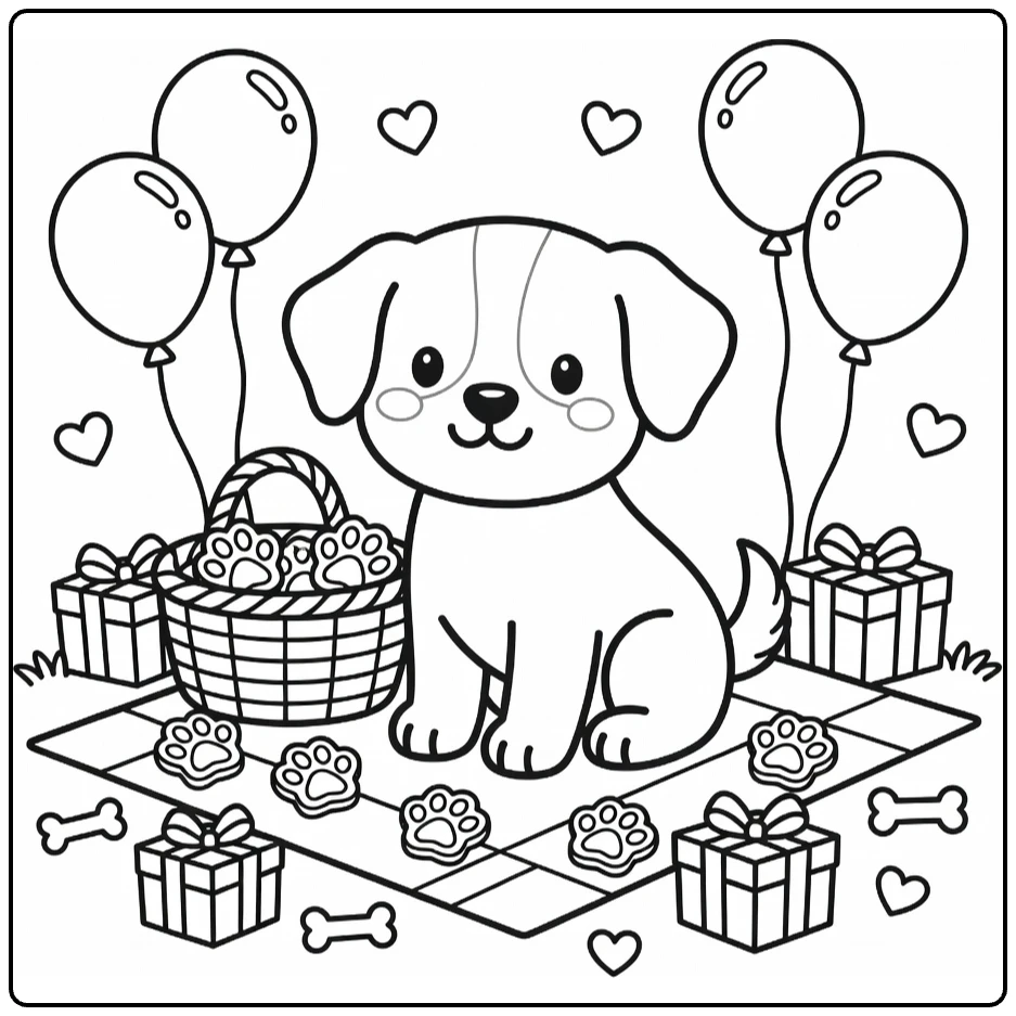 Detailed Puppy Coloring Page: Playful pup on picnic blanket with basket, cookies, balloons, gifts