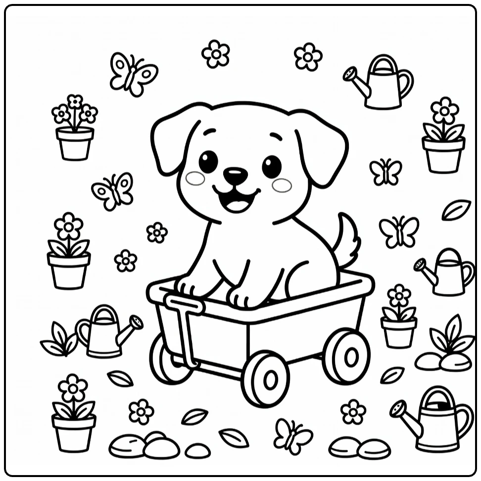 Detailed Puppy Coloring Page: happy pup in garden wagon with flowers