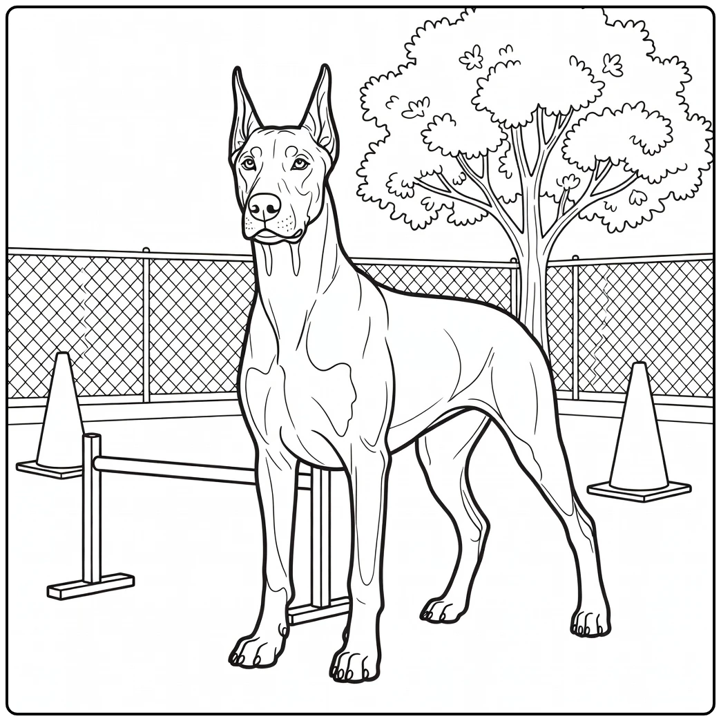 A Doberman beside a hurdle, a realistic dog coloring page.