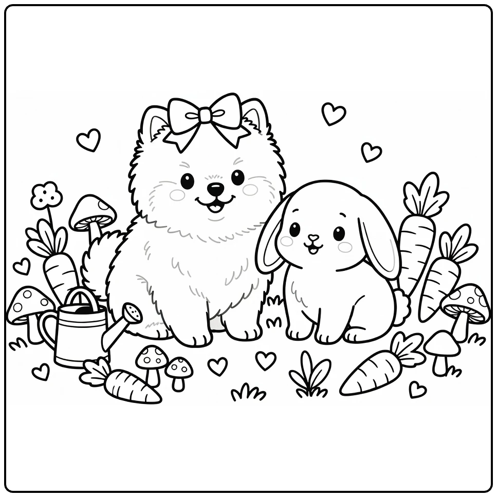 Dog and Bunny coloring page: Pomeranian puppy with bow & bunny