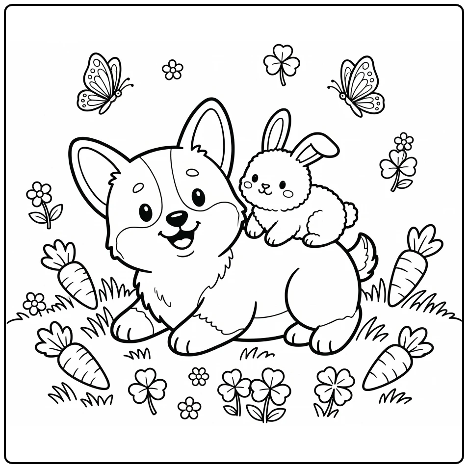 Dog and Bunny coloring page: Corgi puppy with bunny on back