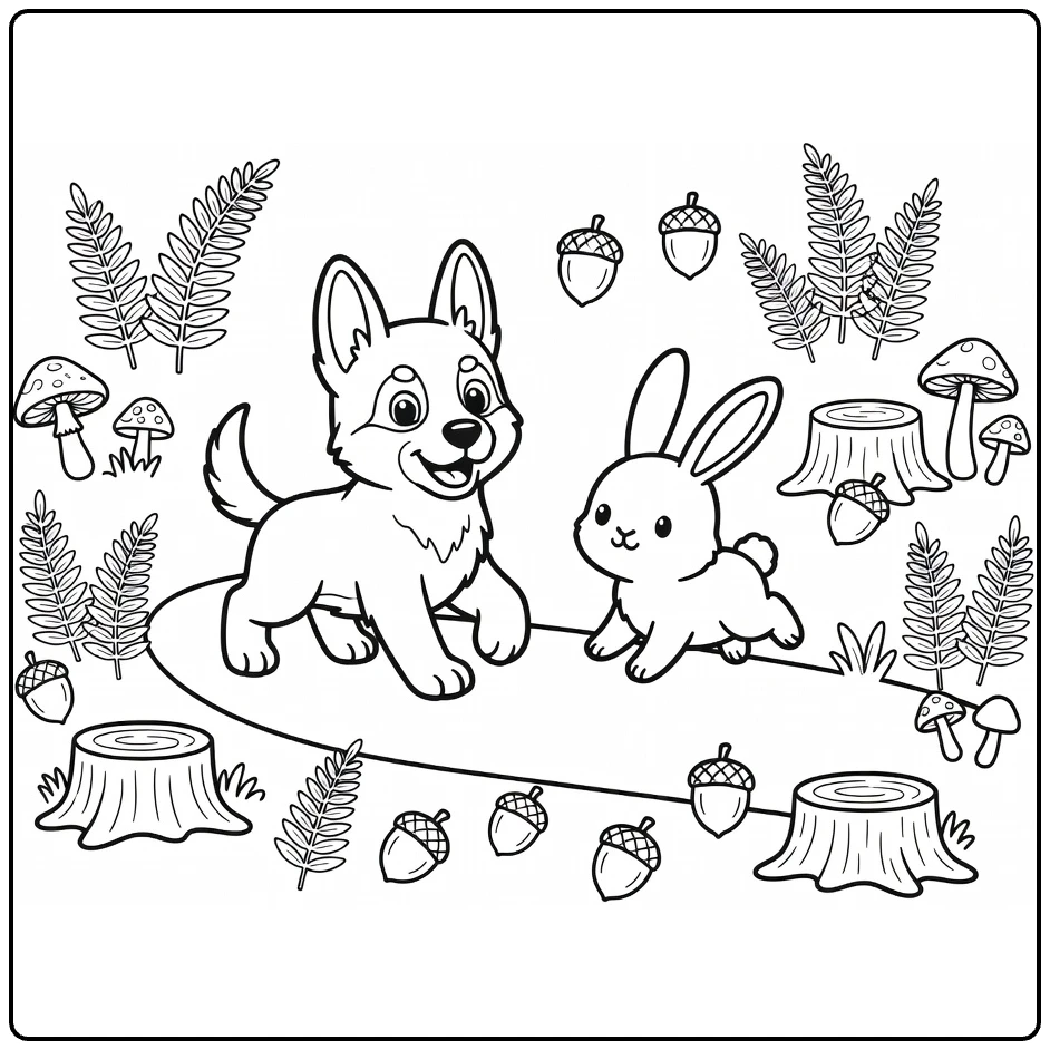 Dog and Bunny coloring page: German Shepherd puppy trots with bunny