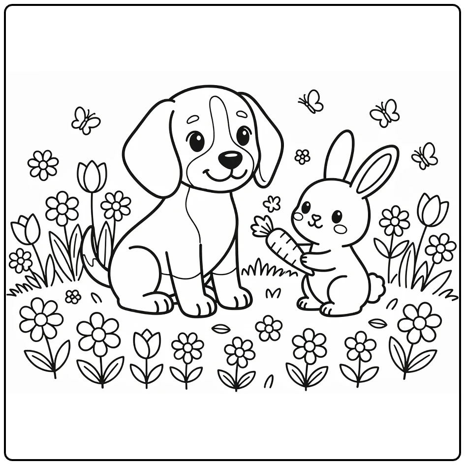 Dog and Bunny coloring page: Beagle puppy and bunny with carrot in meadow