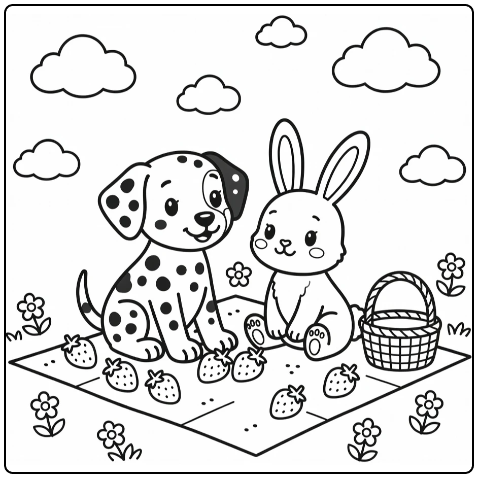 Dog and Bunny coloring page: Dalmatian pup shares picnic with bunny