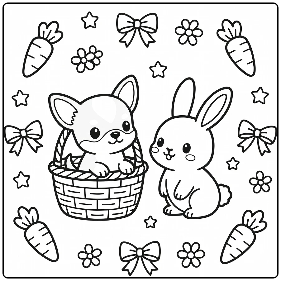 Dog and Bunny coloring page: Chihuahua peeking from basket with bunny