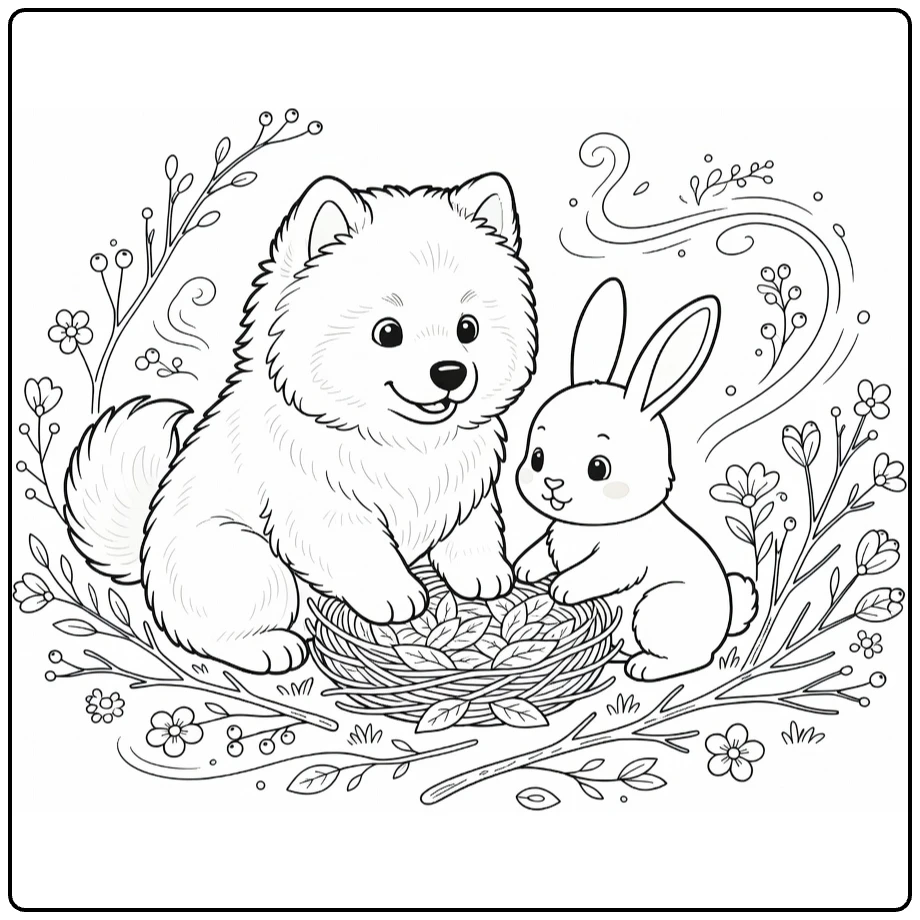 Dog and Bunny coloring page: Samoyed puppy & bunny build leaf nest