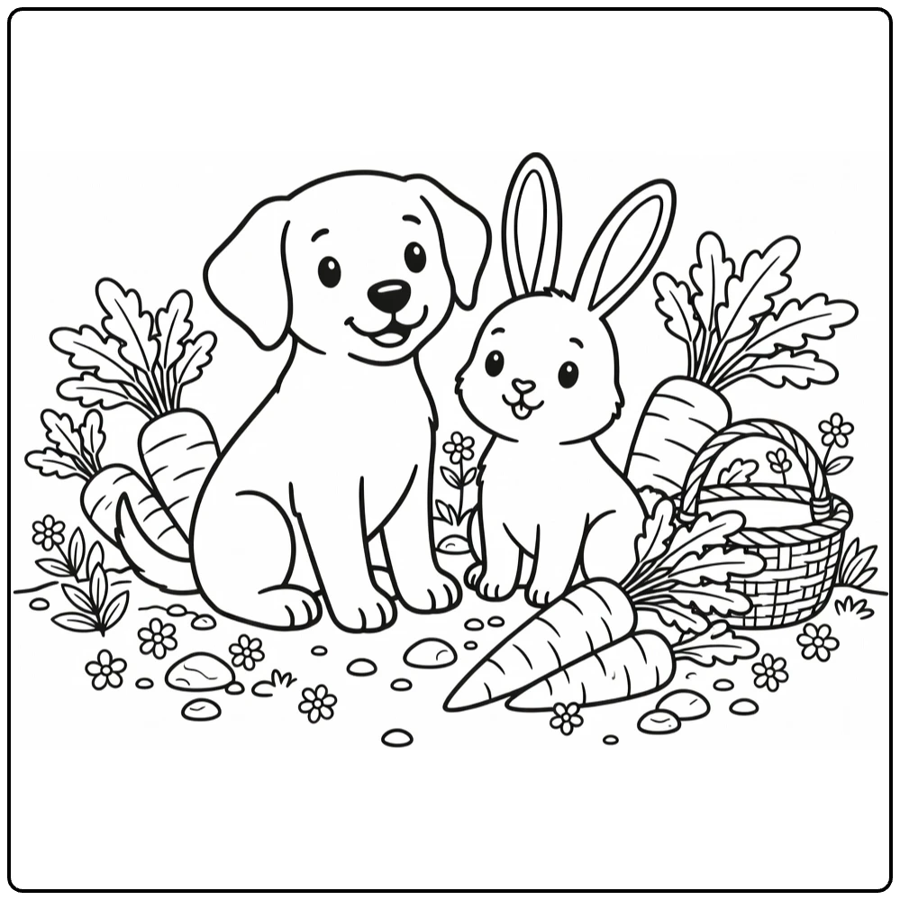Dog and Bunny coloring page: puppy & bunny by carrot patch