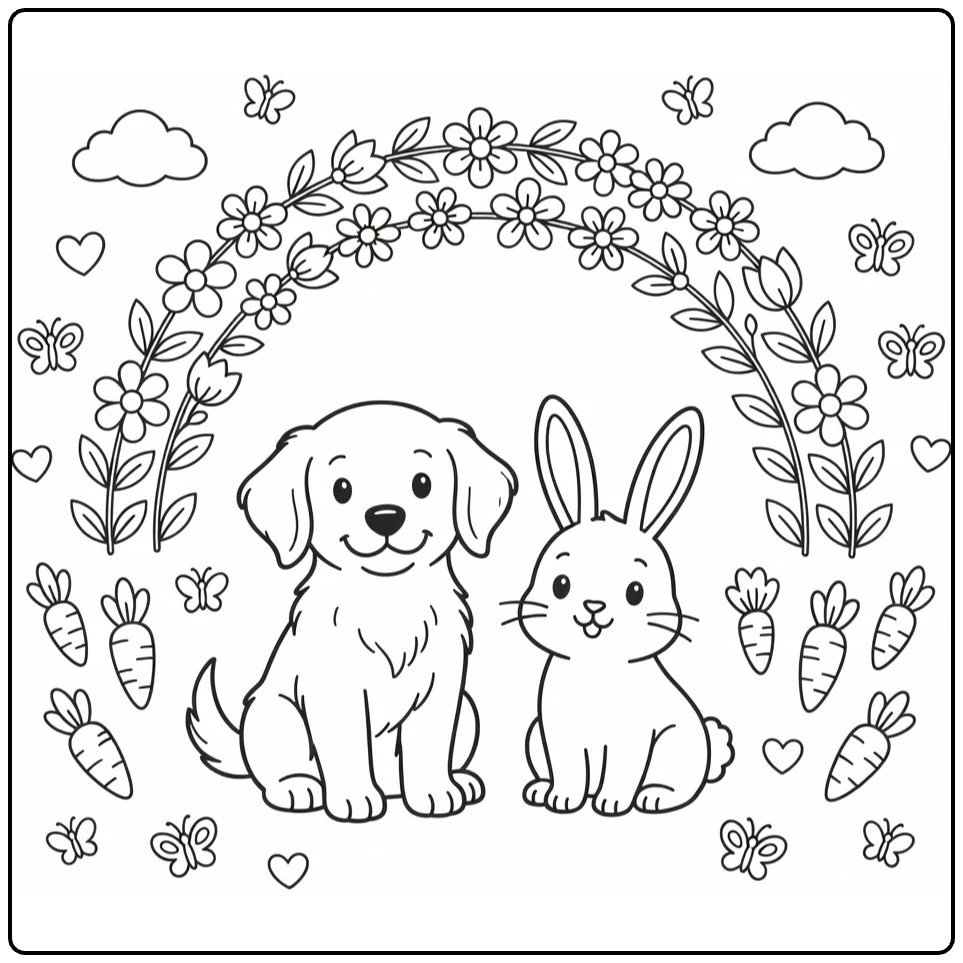 Dog and Bunny coloring page under floral rainbow arch