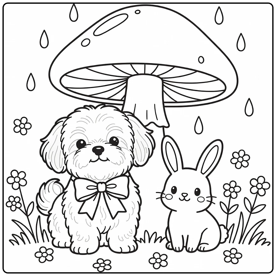 Dog and Bunny coloring page: Shih Tzu puppy & bunny under mushroom