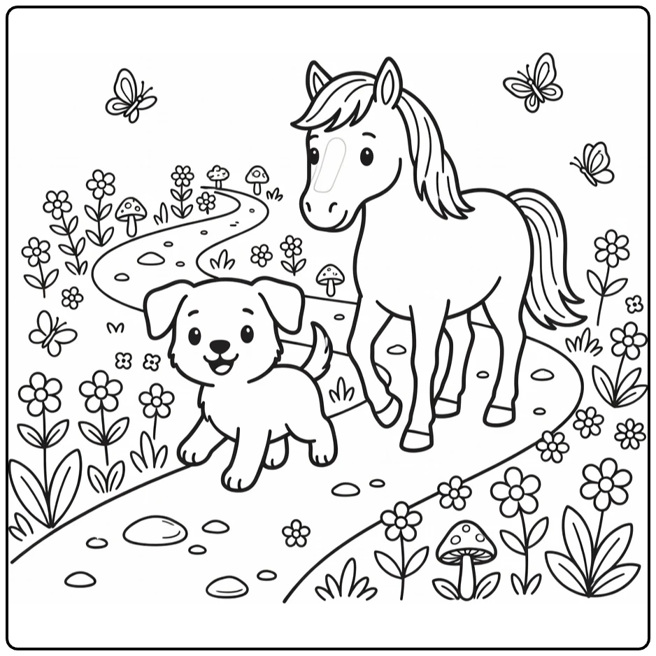 Dog and Horse coloring page: puppy trots with horse on path
